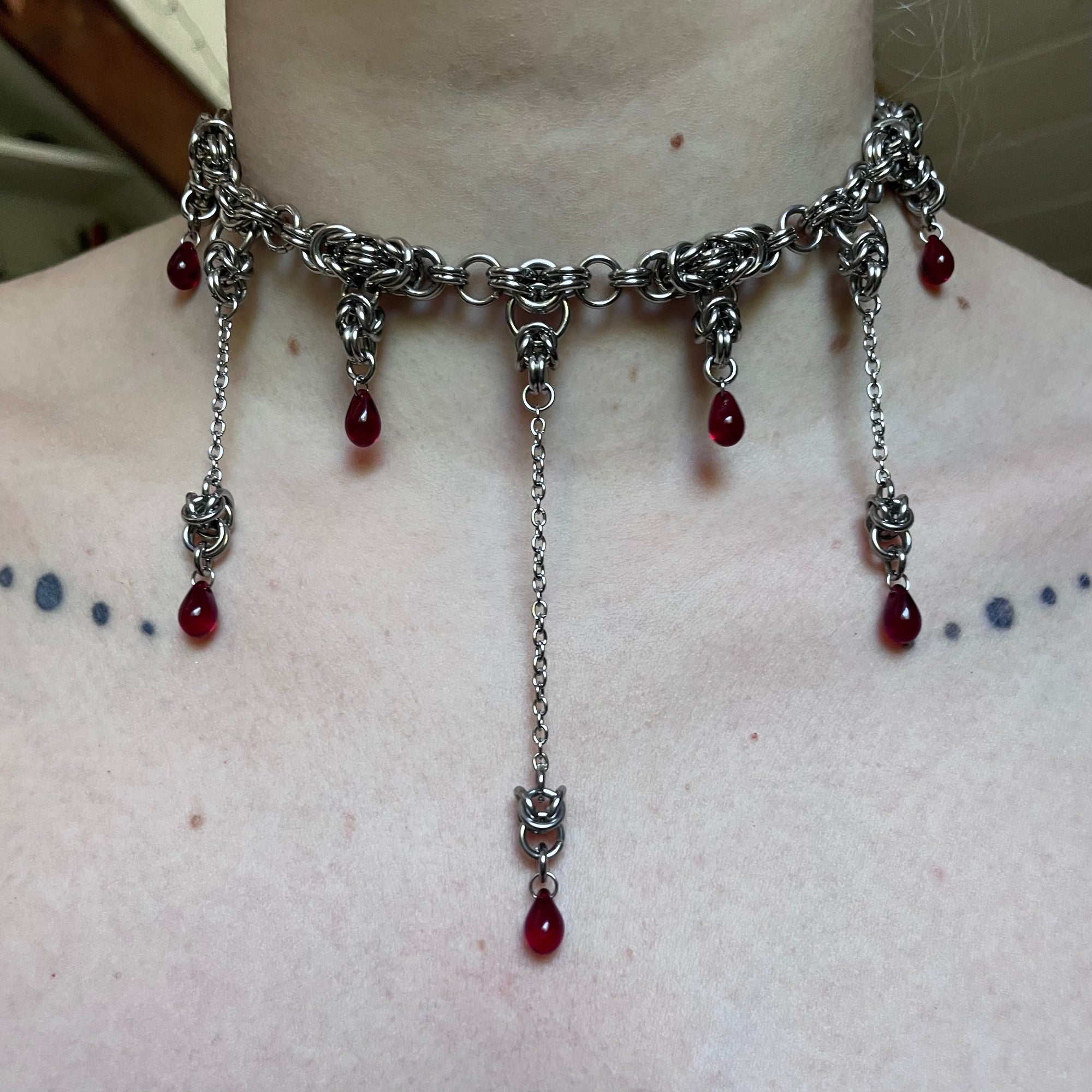 Divine Devour. Blood Droplet Chainmail Choker. MADE-TO-ORDER.