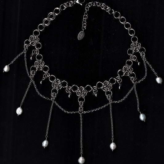 Chainmail Choker with Hanging Pearls