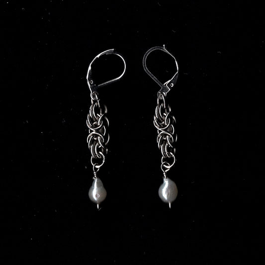 Dainty Chainmail and Pearl Droplet Earrings.