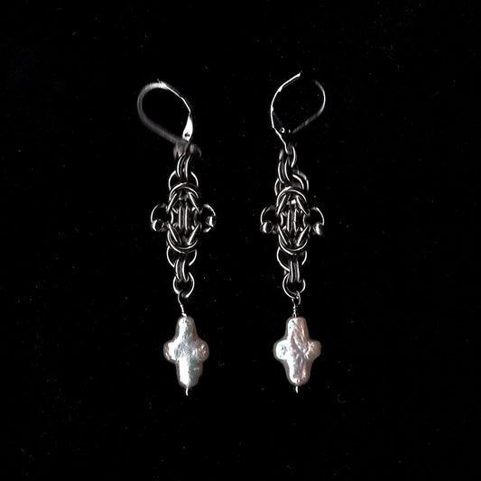 Dainty Chainmail and Cross Pearl Earrings.