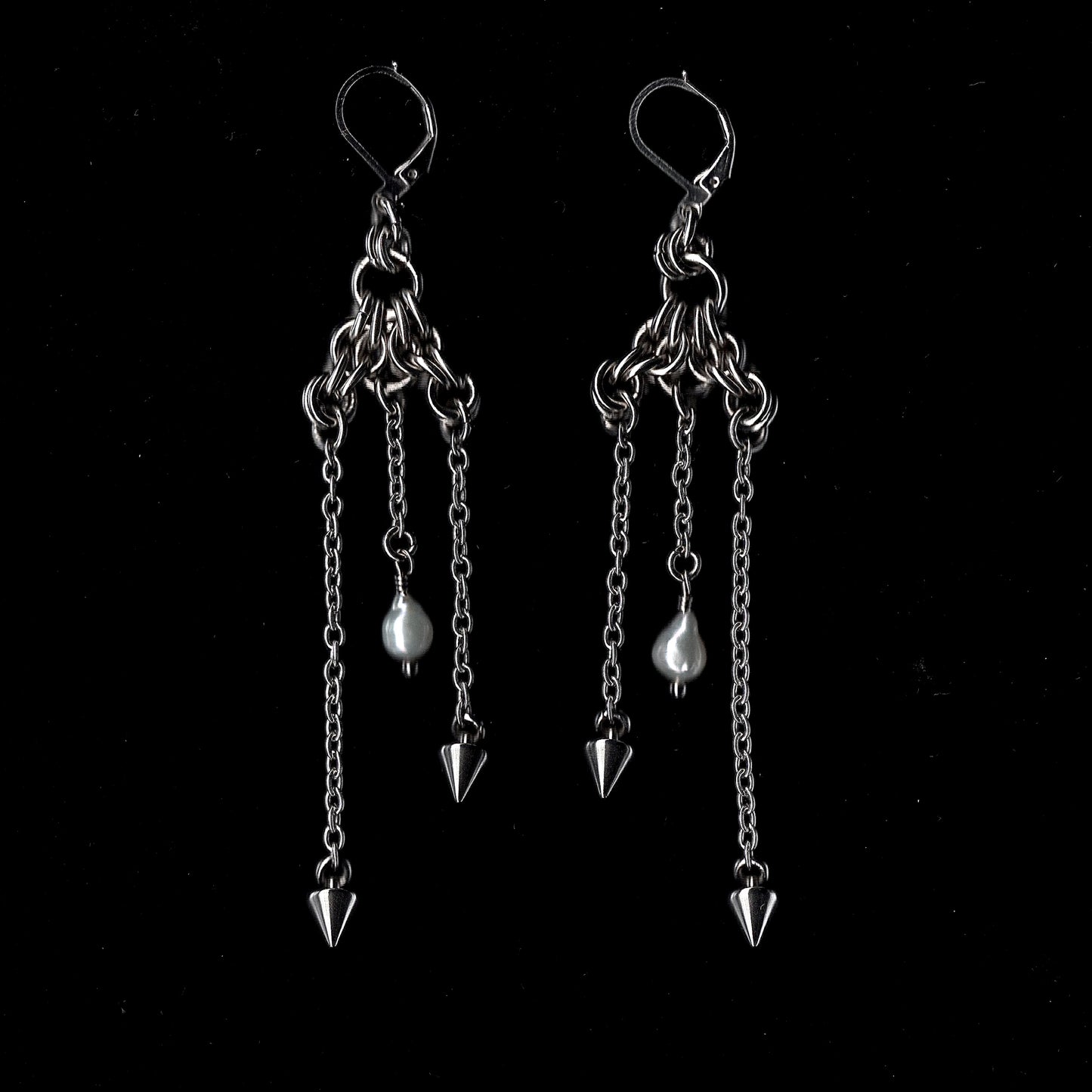 Pearl and Spike Dangle Chainmail Earrings.