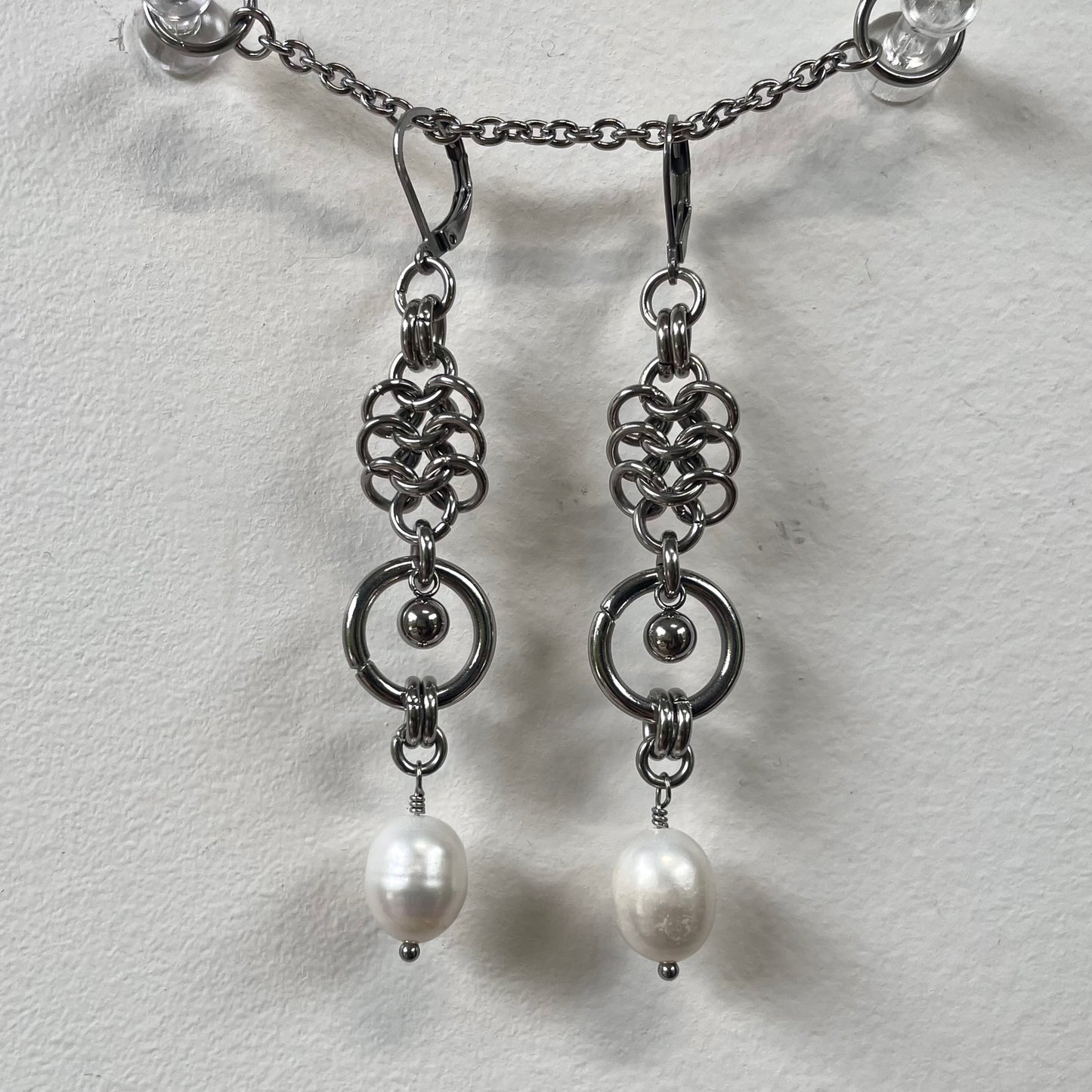 Chainmail and Pearl Drop Earrings.