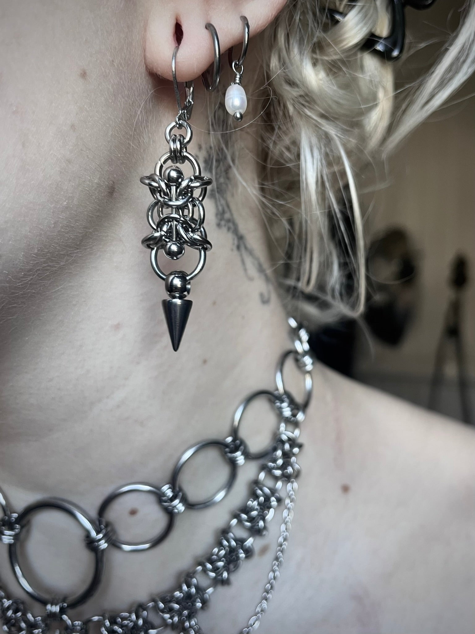 Pierced Spike Chainmail Earrings.