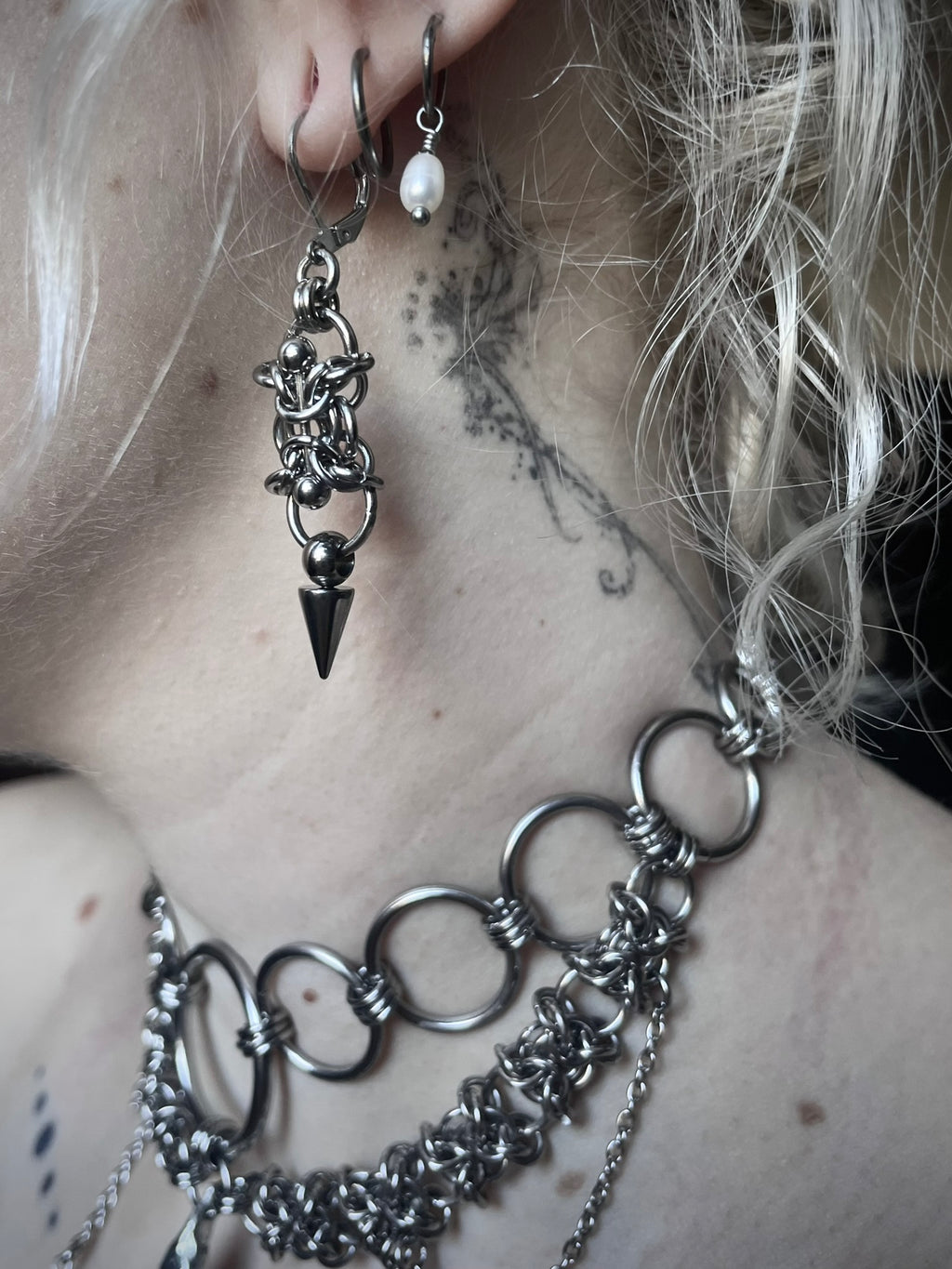 Pierced Spike Chainmail Earrings.
