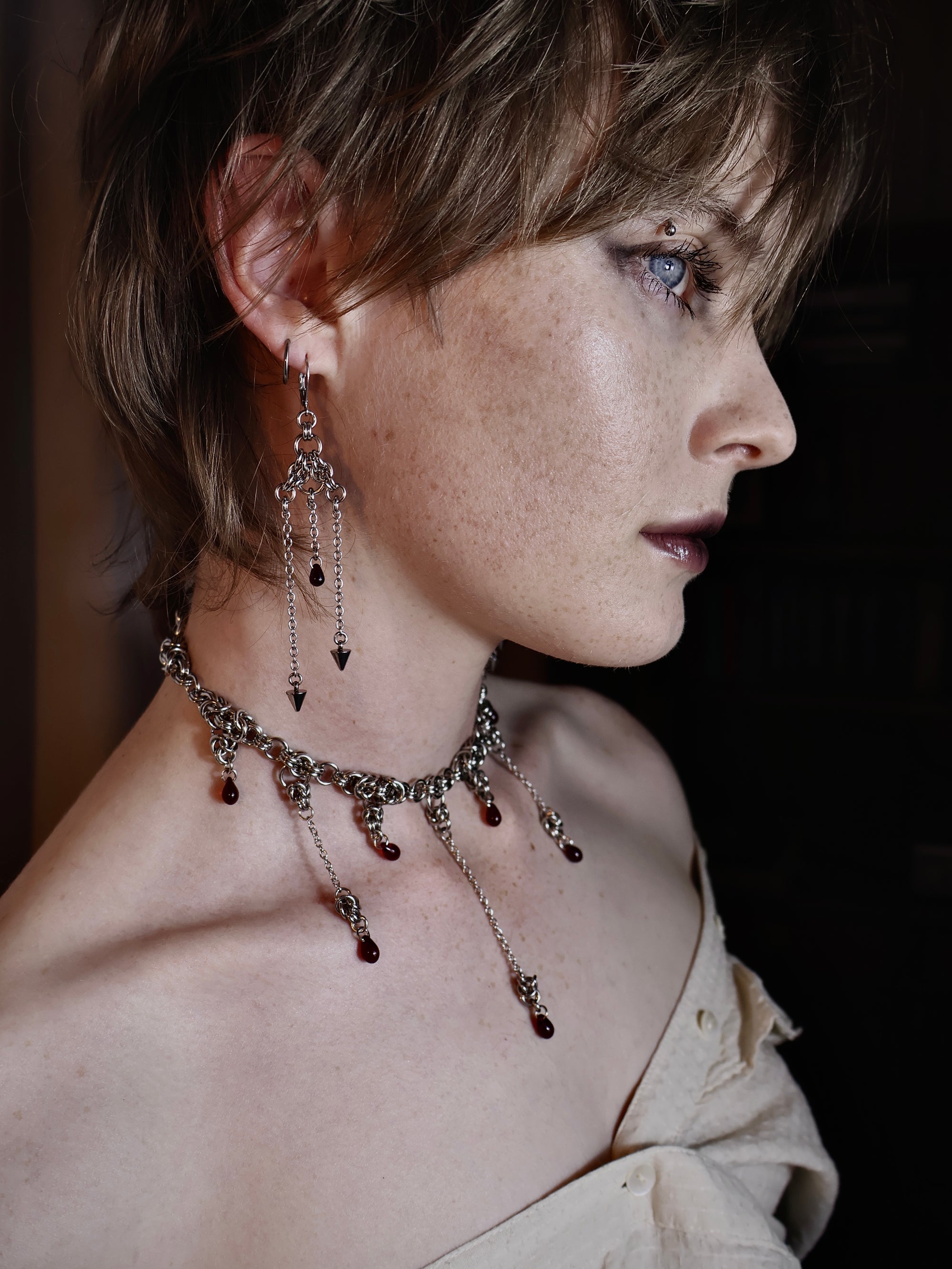 Blood Droplet and Spike Dangle Chainmail Earrings.