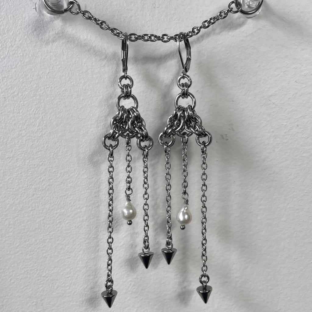 Pearl and Spike Dangle Chainmail Earrings.