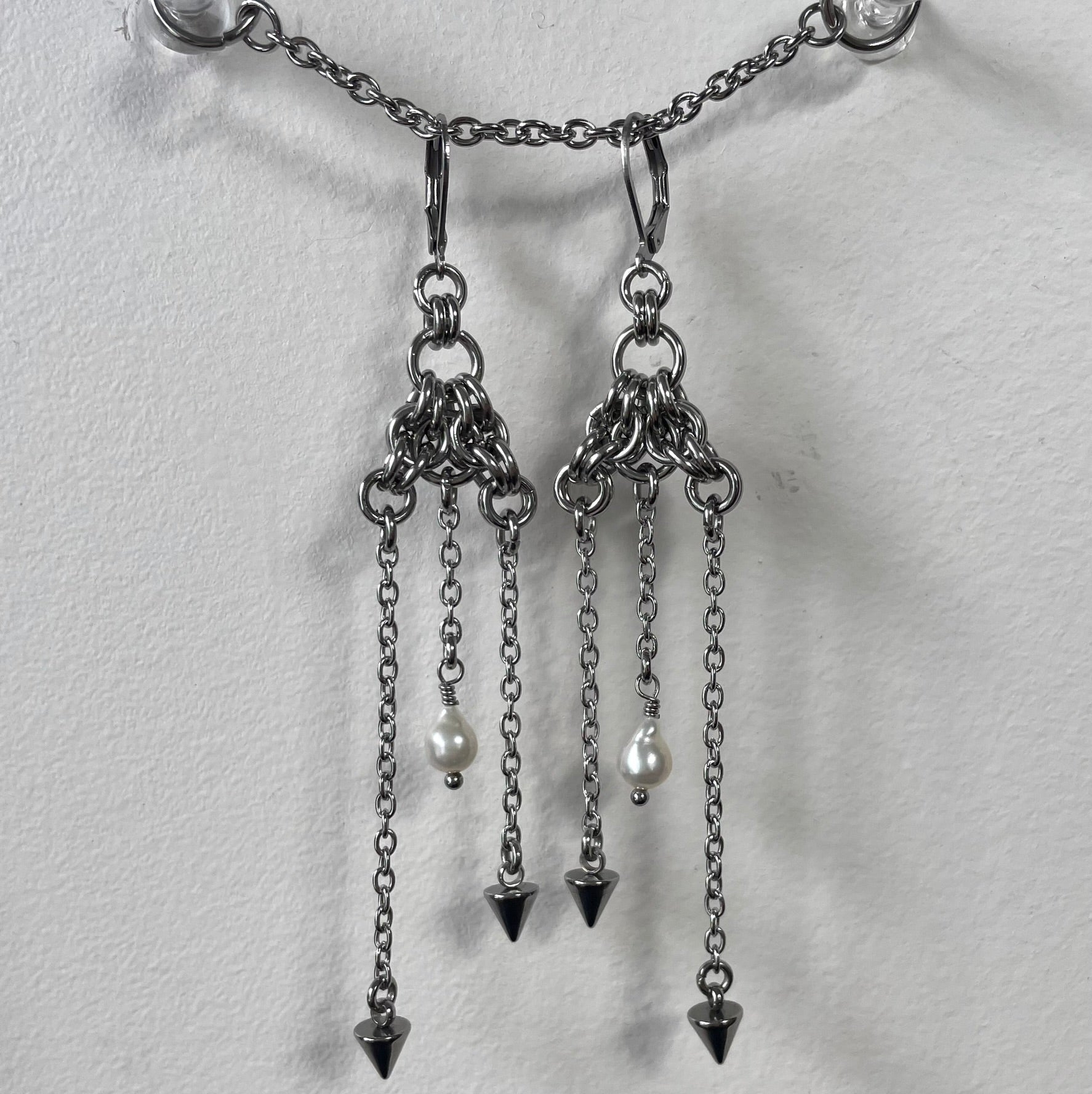 Pearl and Spike Dangle Chainmail Earrings.