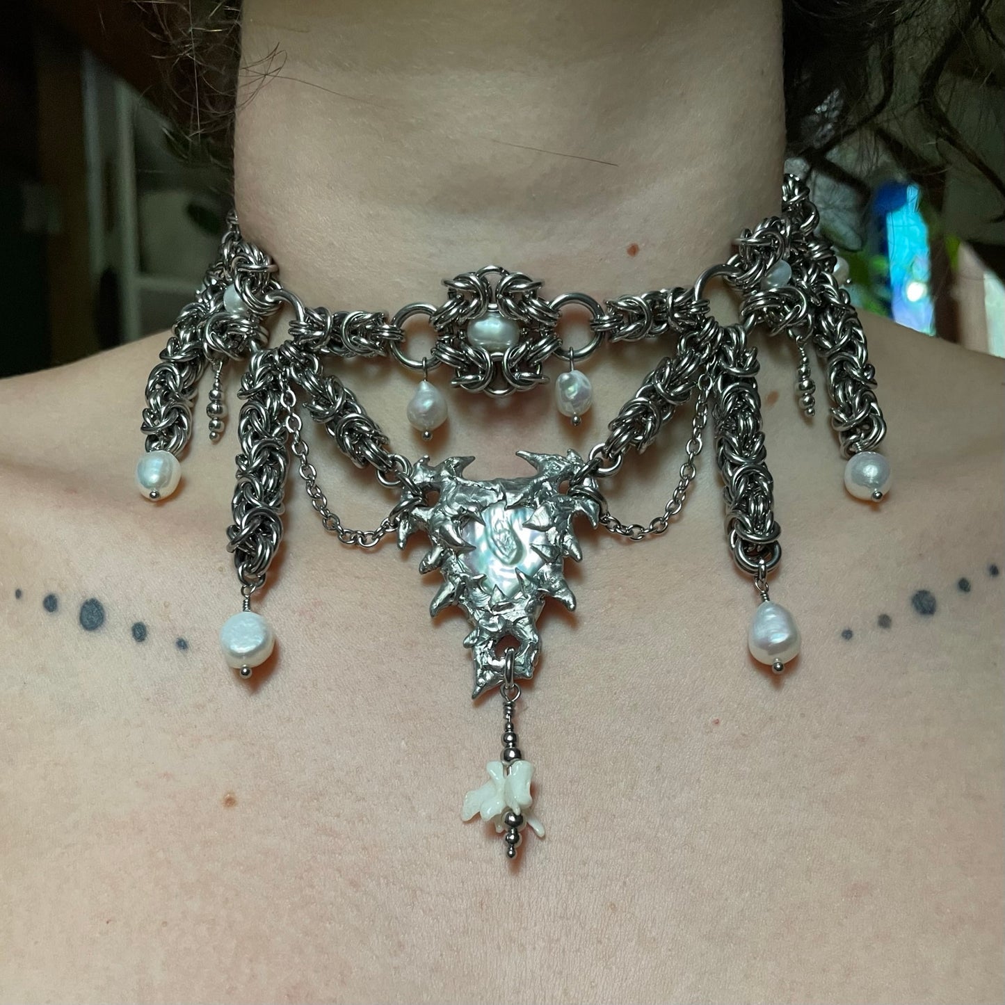 Custom Soldered Pearl and Bone Chainmail Choker.