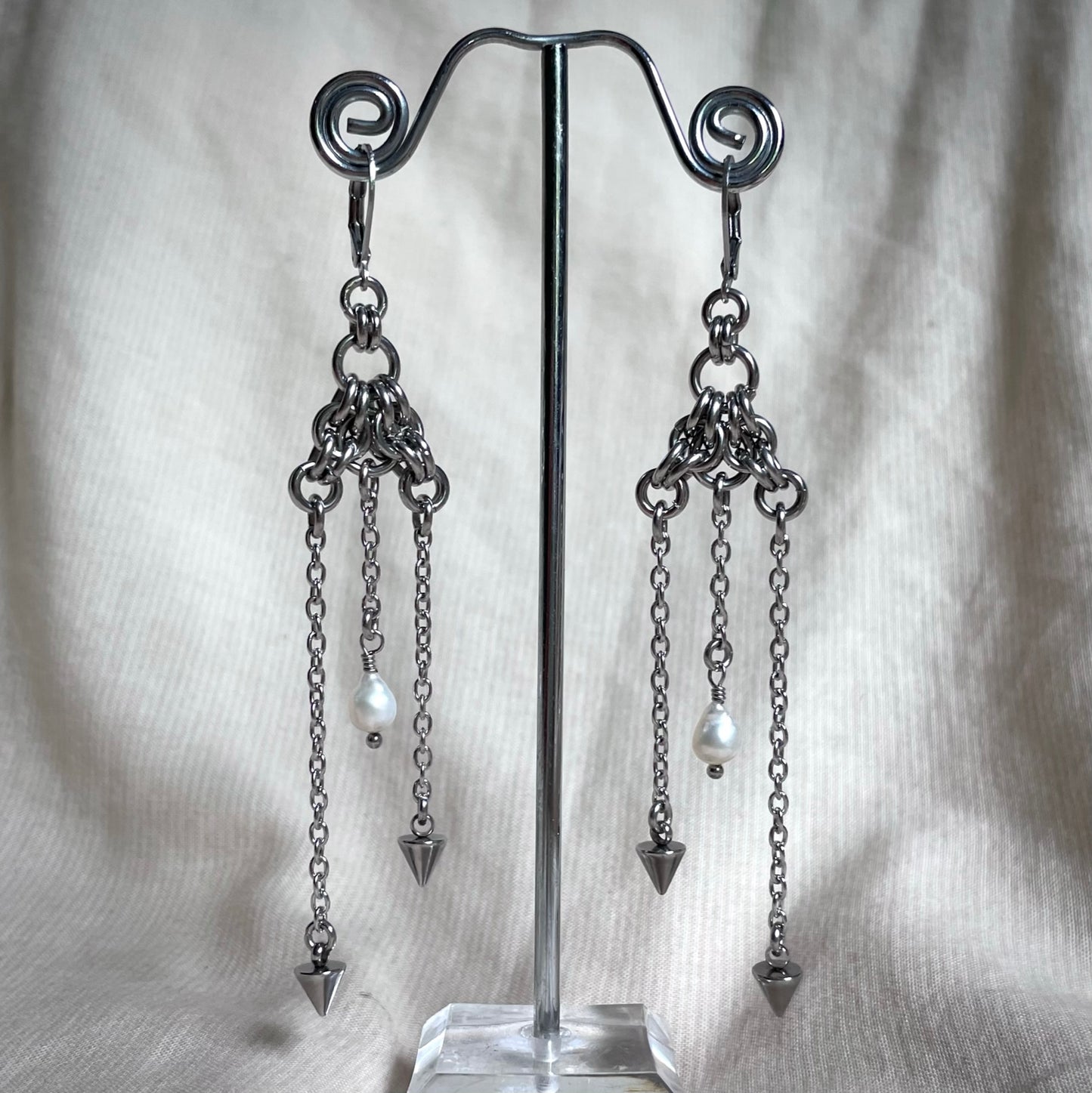 Pearl and Spike Dangle Chainmail Earrings.