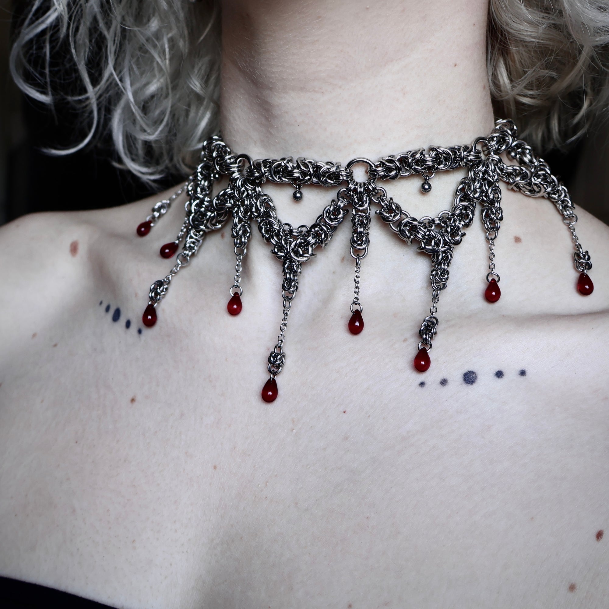 Insatiable. Blood Droplet Chainmail Choker.