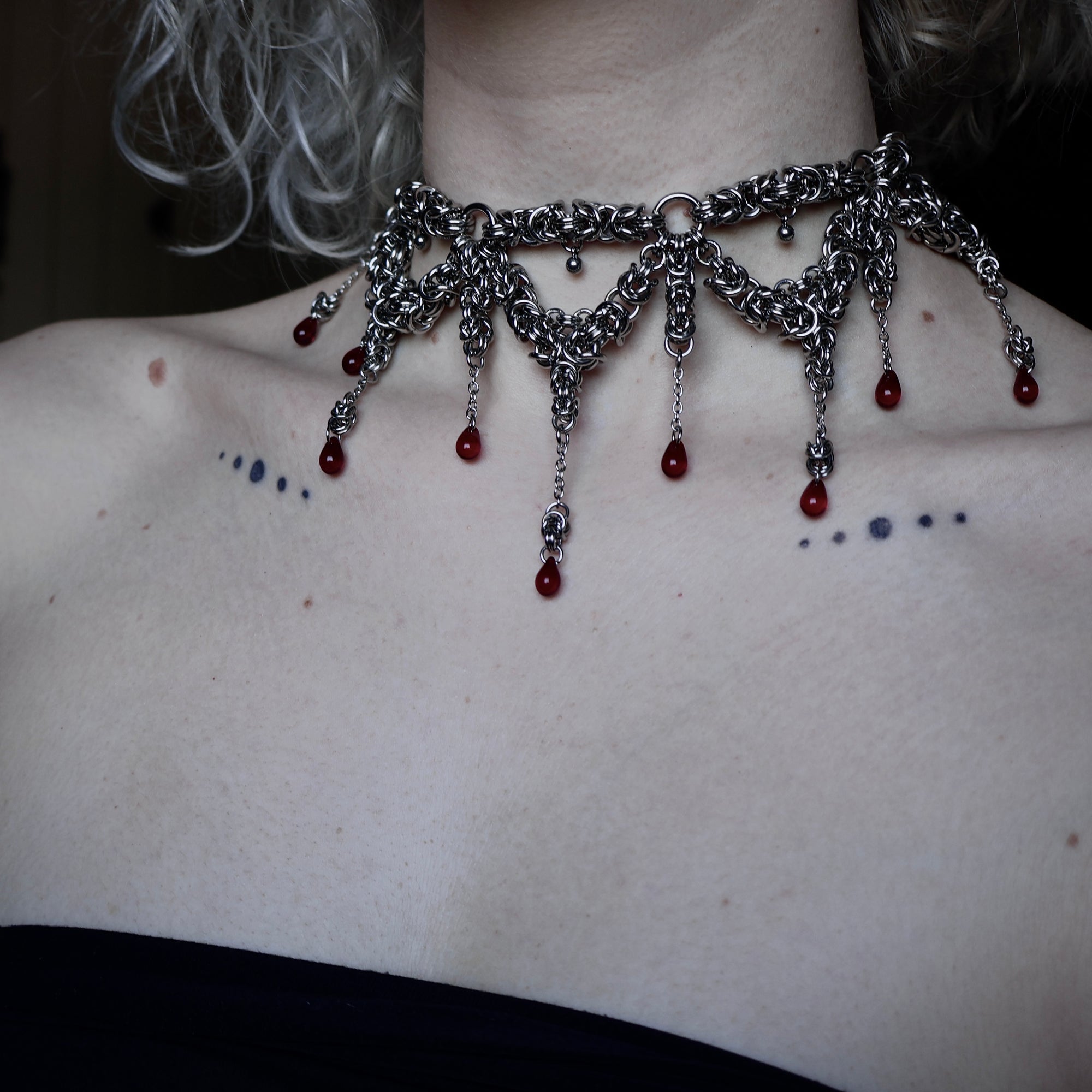Insatiable. Blood Droplet Chainmail Choker.