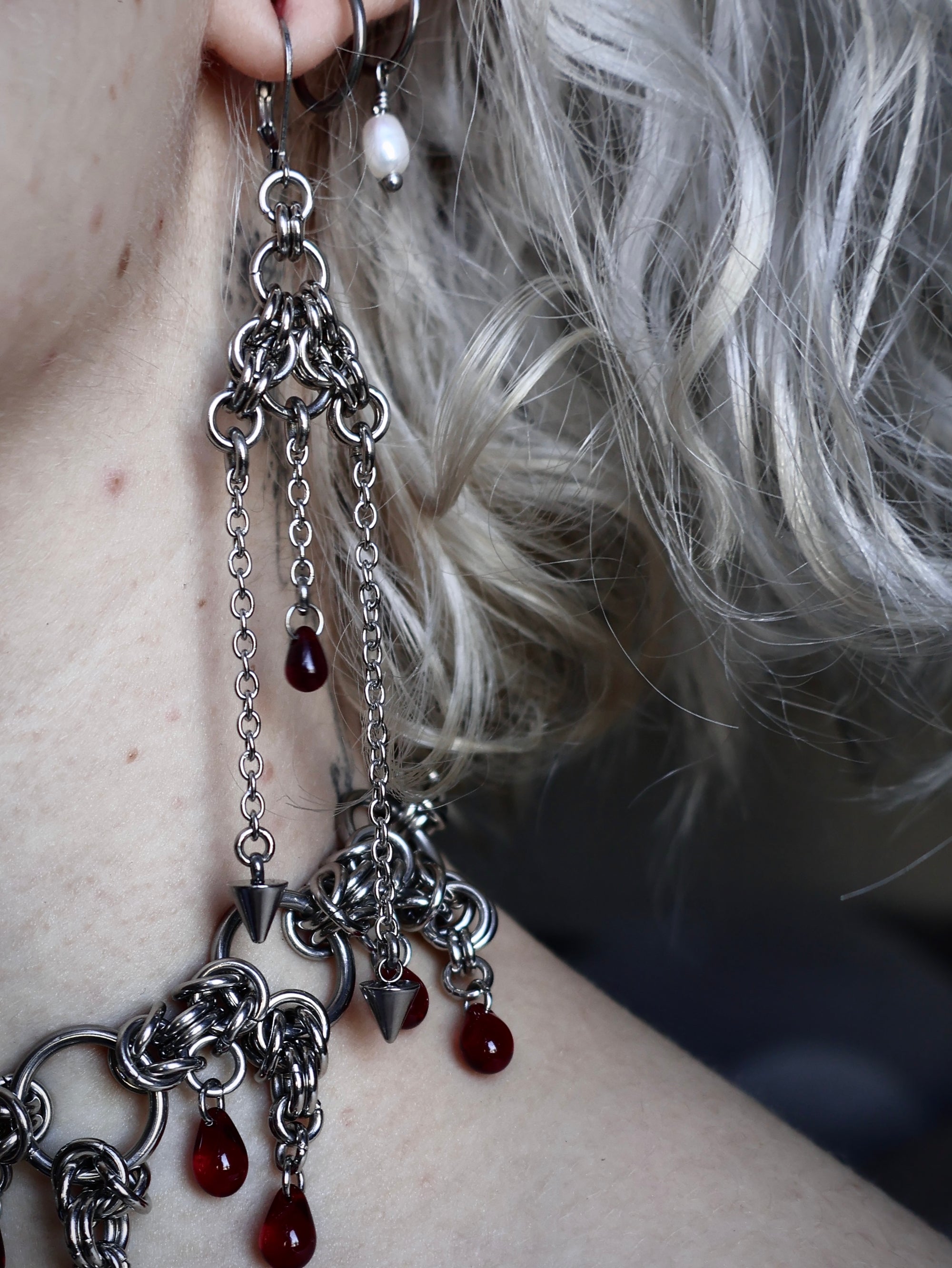 Blood Droplet and Spike Dangle Chainmail Earrings.