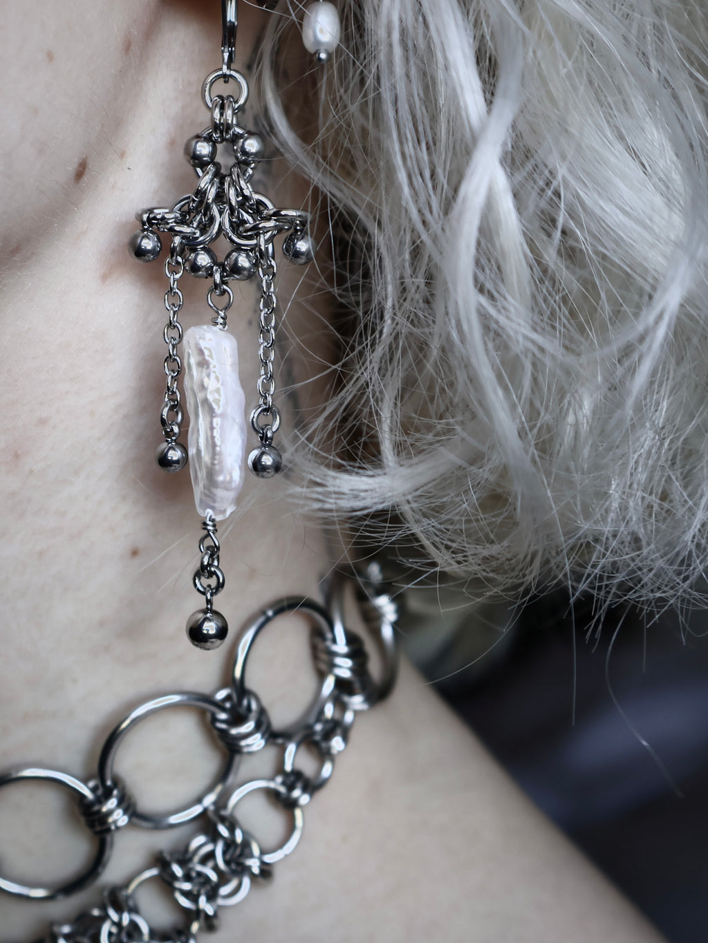 Fated Pearls. Chainmail Earrings.