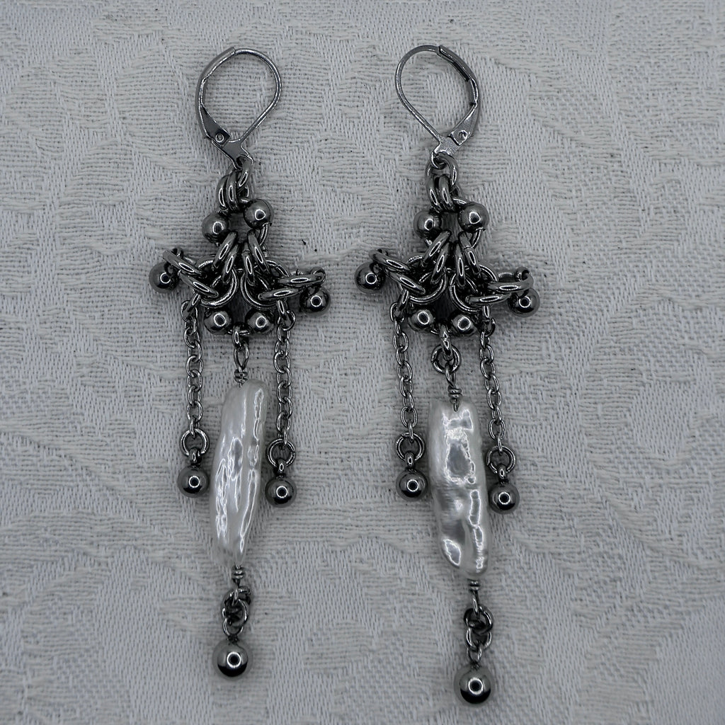 Fated Pearls. Chainmail Earrings.