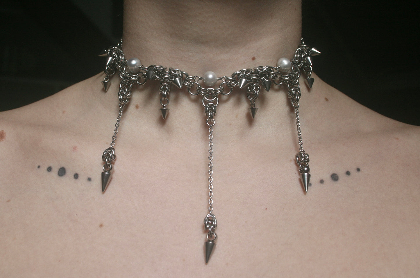 Grey Pearl Spikey Chainmail Choker. MADE-TO-ORDER.