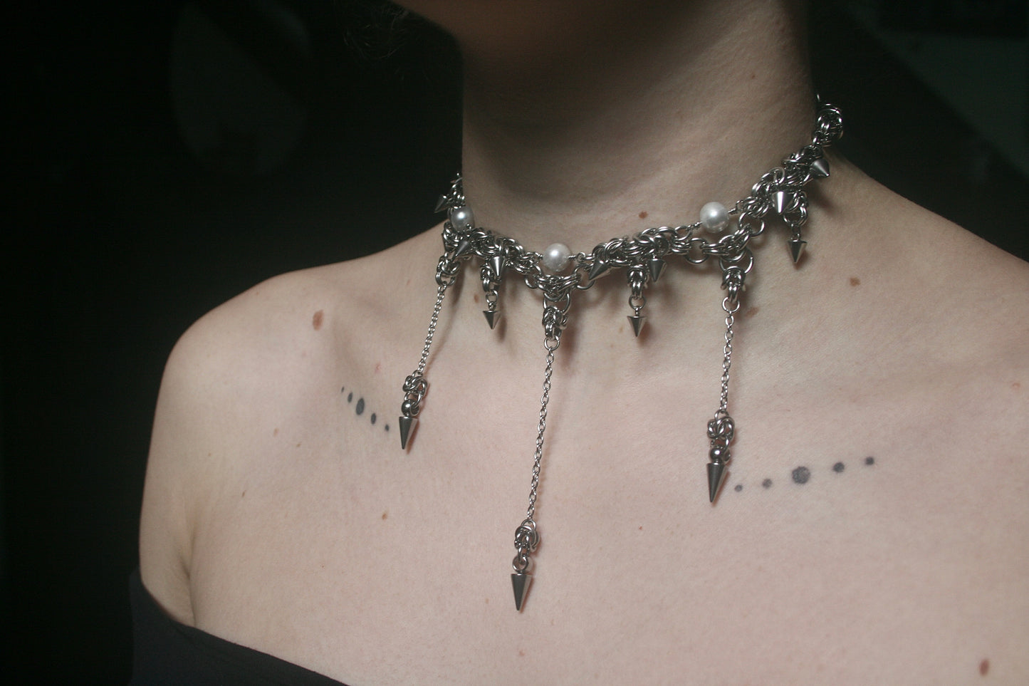 Grey Pearl Spikey Chainmail Choker. MADE-TO-ORDER.