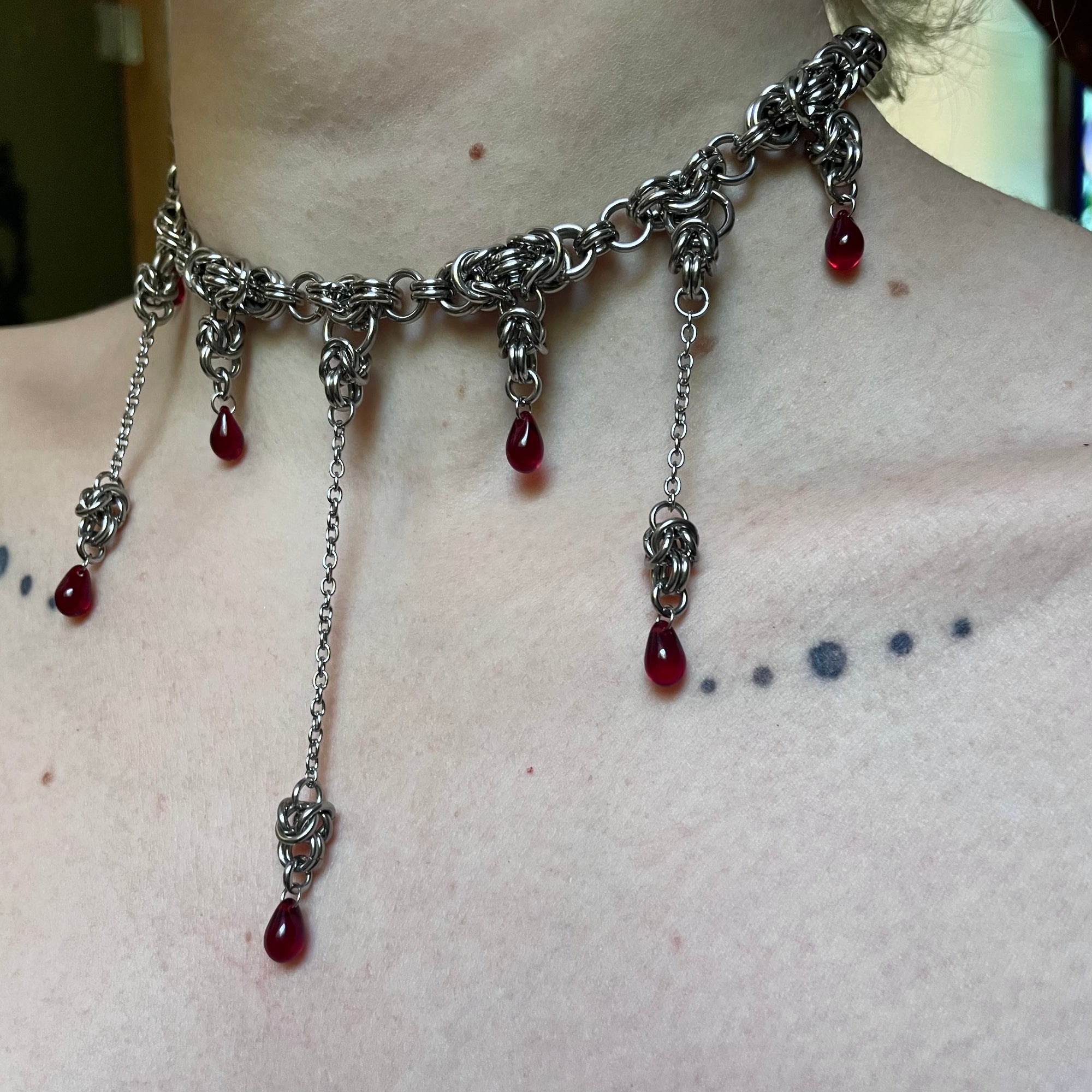 Divine Devour. Blood Droplet Chainmail Choker. MADE-TO-ORDER.