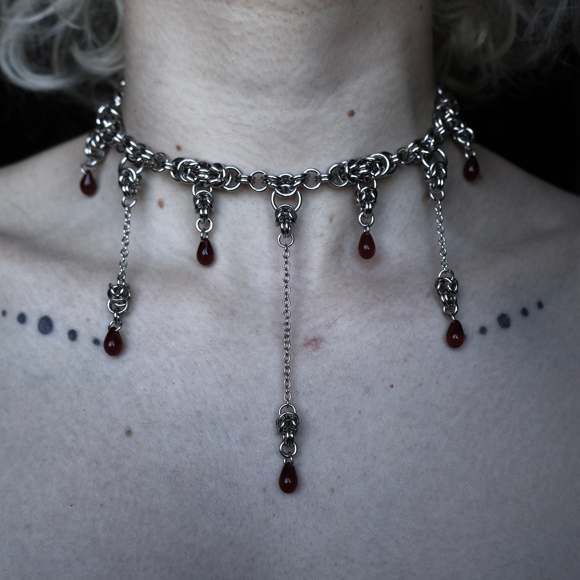 Divine Devour. Blood Droplet Chainmail Choker. MADE-TO-ORDER.