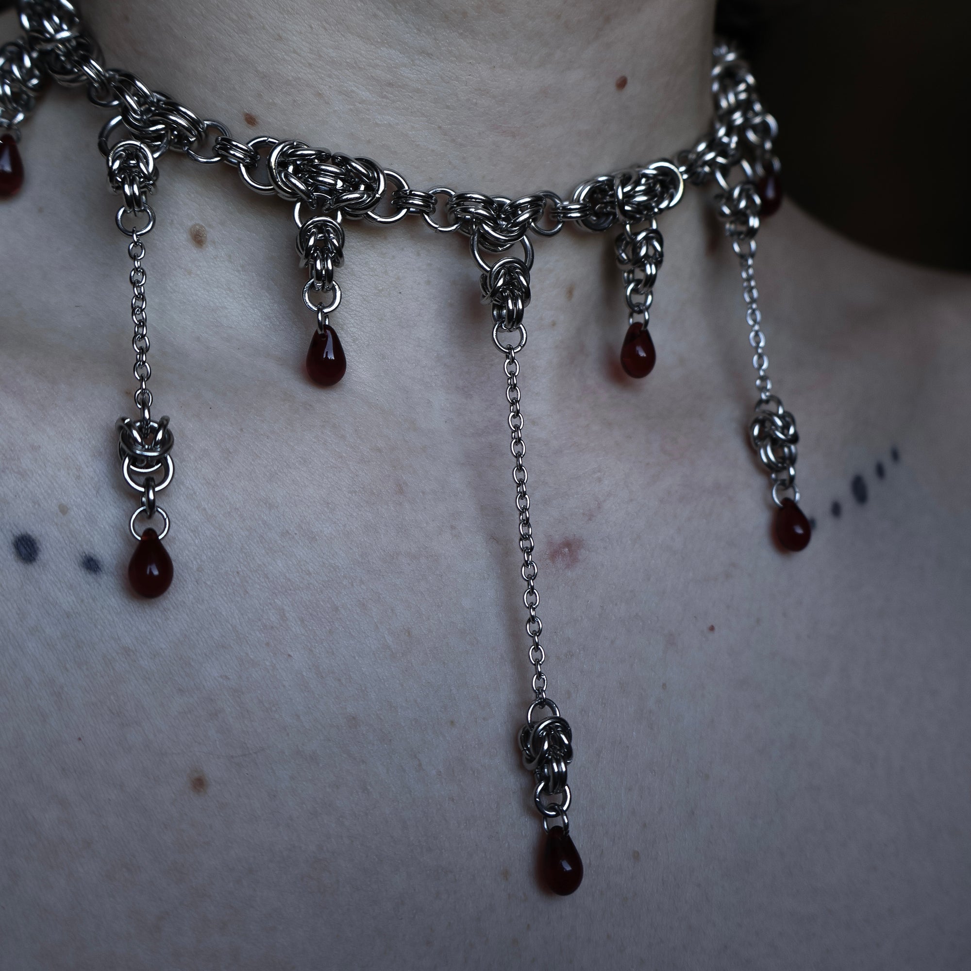 Divine Devour. Blood Droplet Chainmail Choker. MADE-TO-ORDER.
