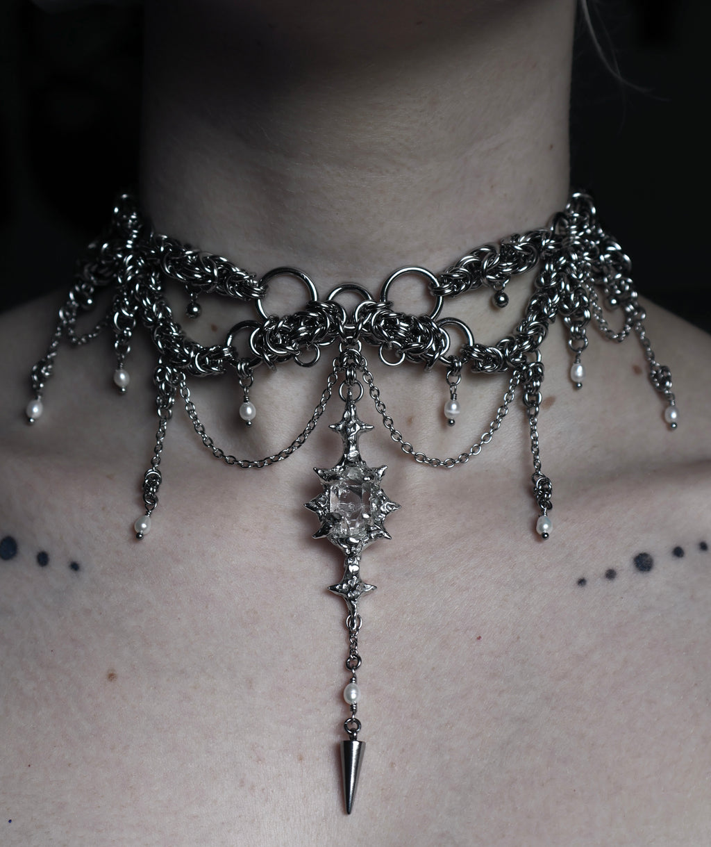 Temple Ruins. Herkimer Diamond Chainmail Choker.