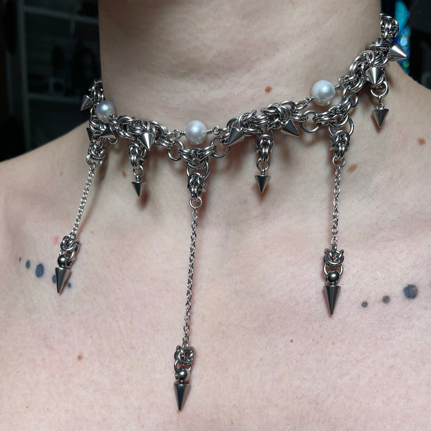 Grey Pearl Spikey Chainmail Choker. MADE-TO-ORDER.