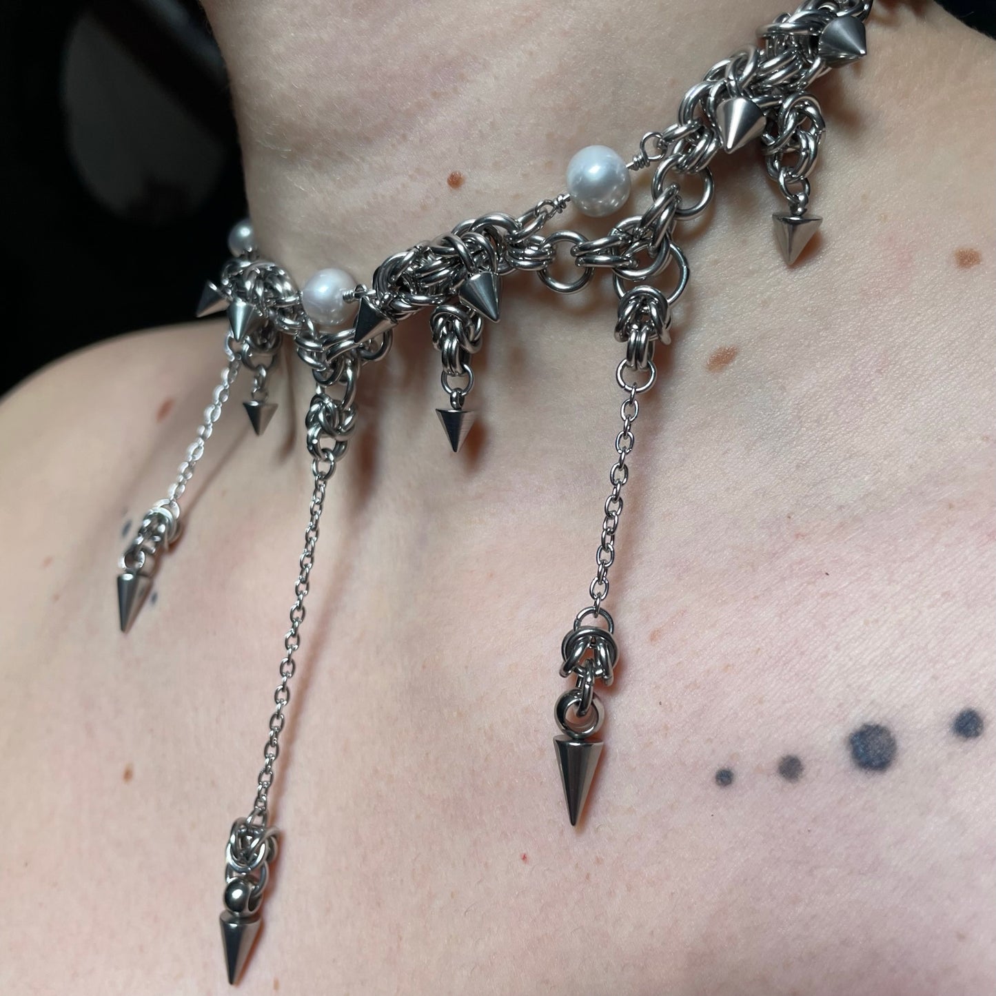 Grey Pearl Spikey Chainmail Choker. MADE-TO-ORDER.