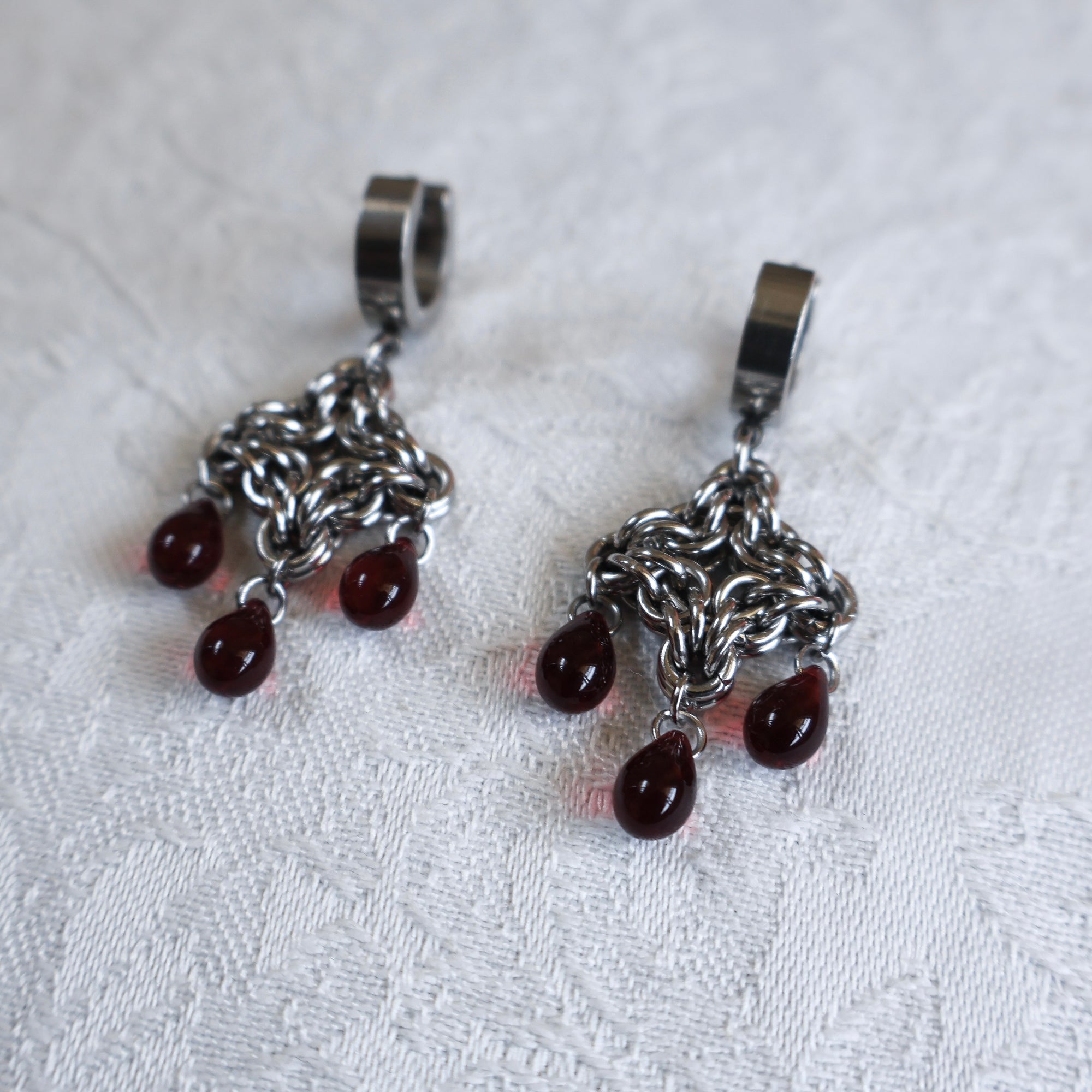 Devour. Blood Droplet Chainmail Earrings