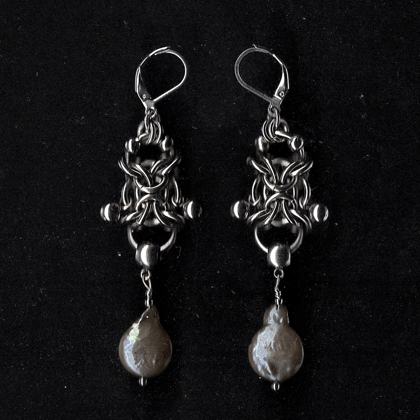 Chainmail and Blue Pearl Earrings