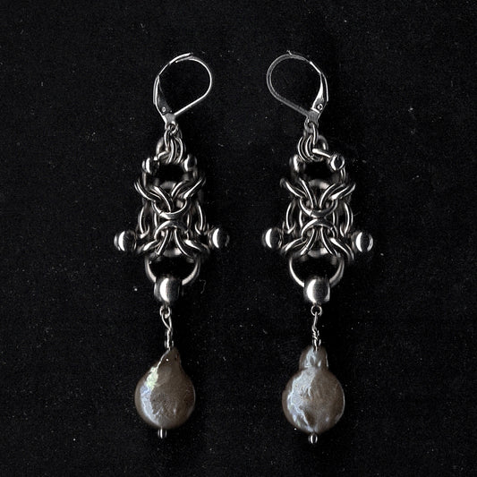 Chainmail and Blue Pearl Earrings