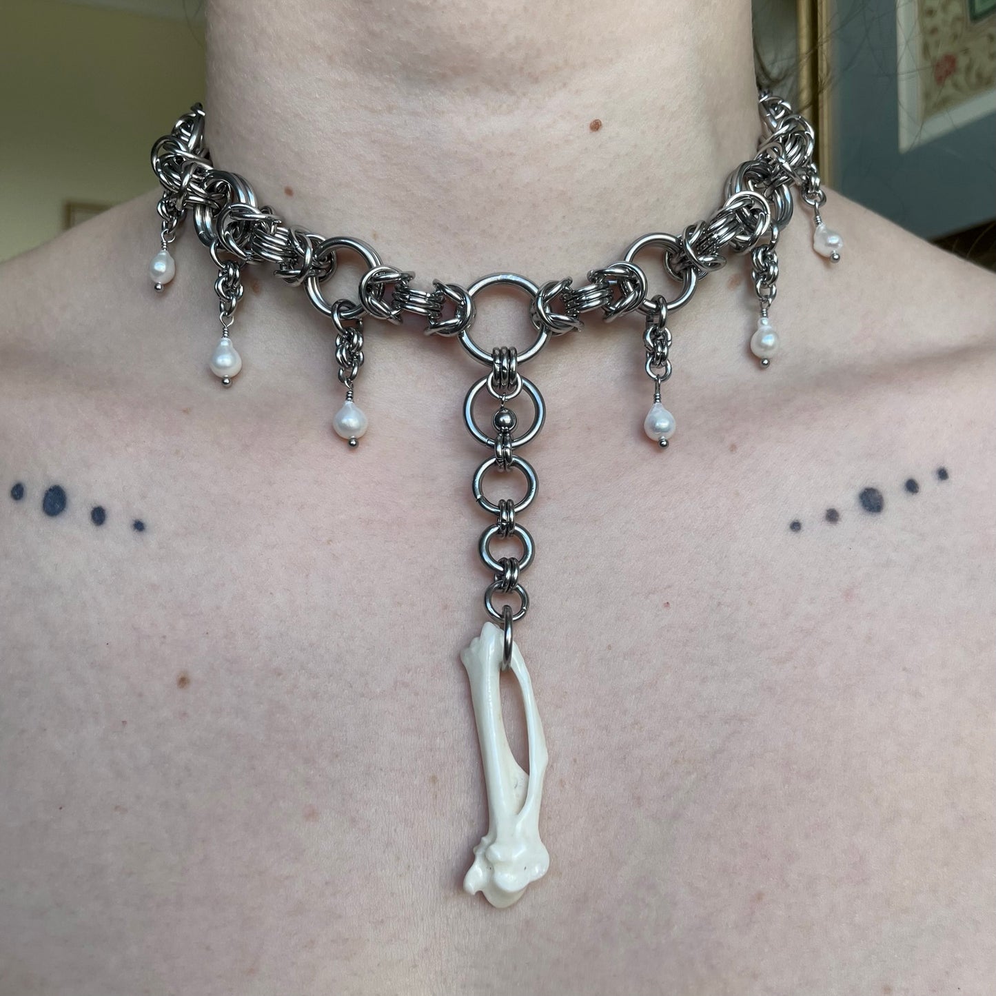 Bone and Pearl Chainmail Choker