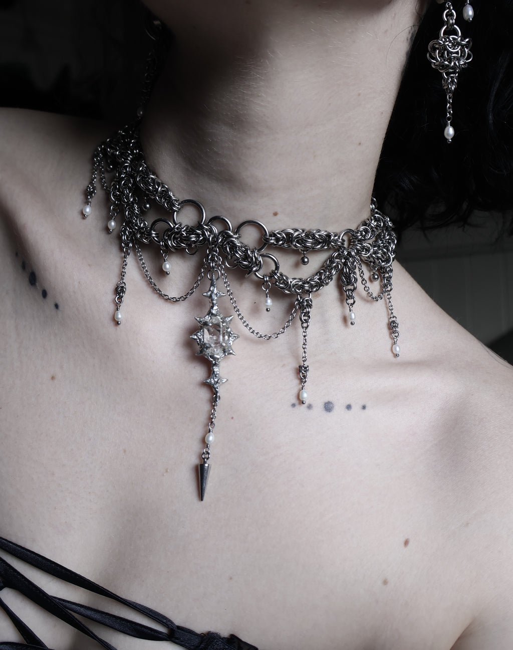 Temple Ruins. Herkimer Diamond Chainmail Choker.