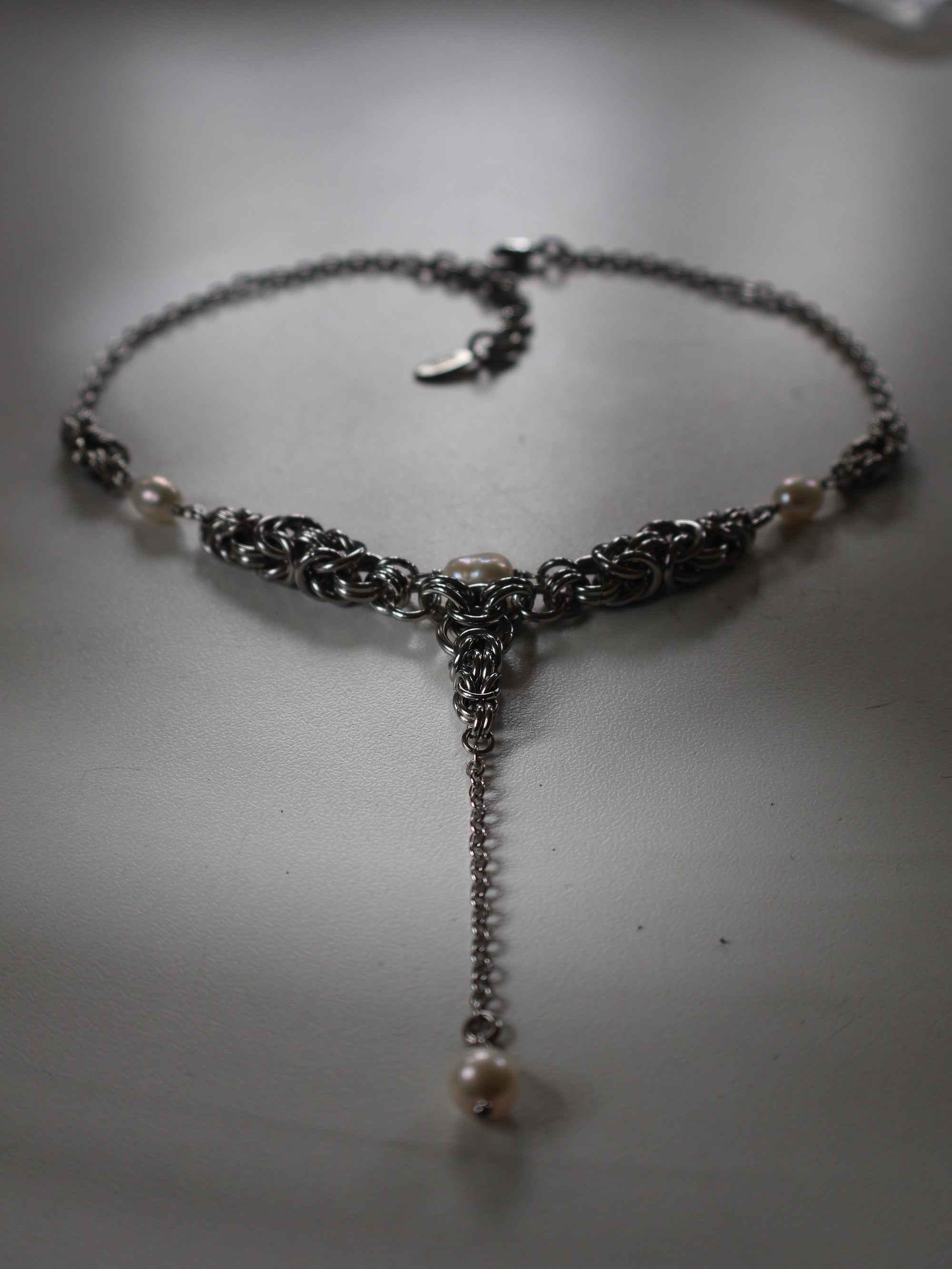 Angelic Pearl Drop. Chainmail Necklace.