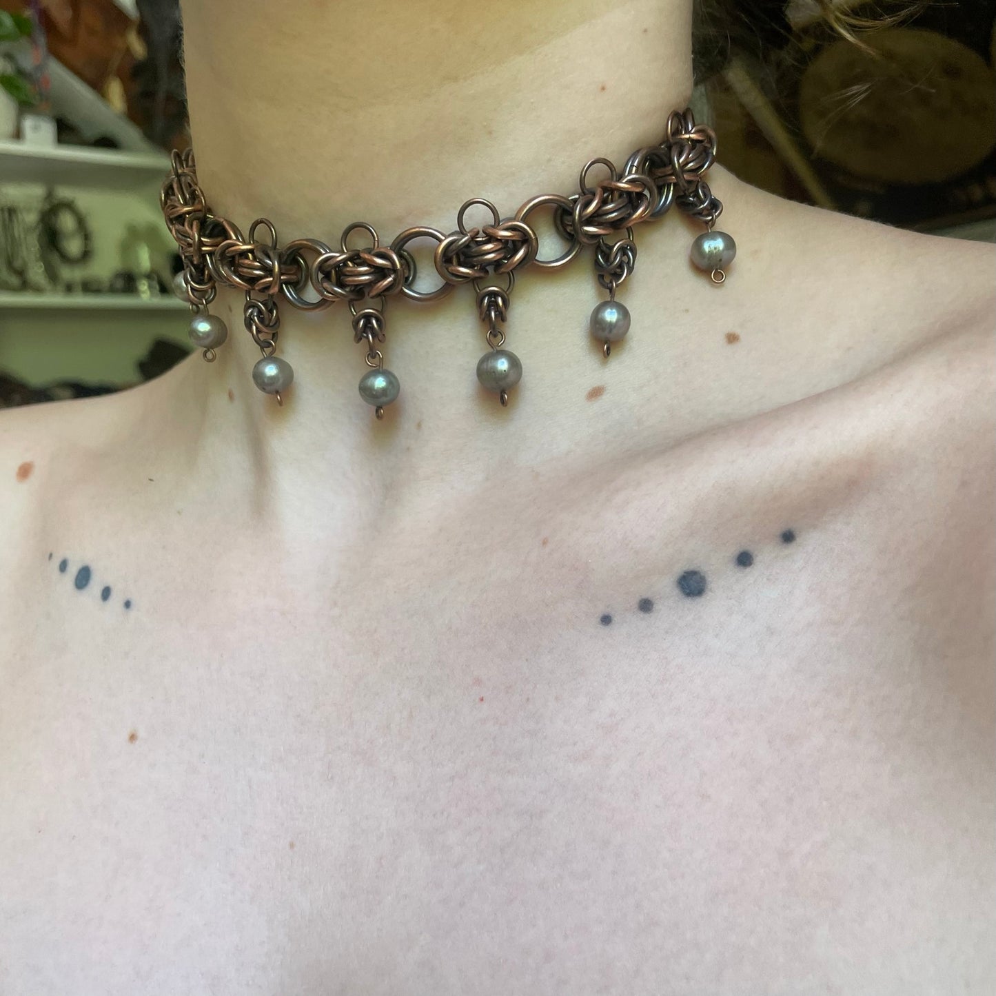 Copper Chainmail and Grey Pearl Choker