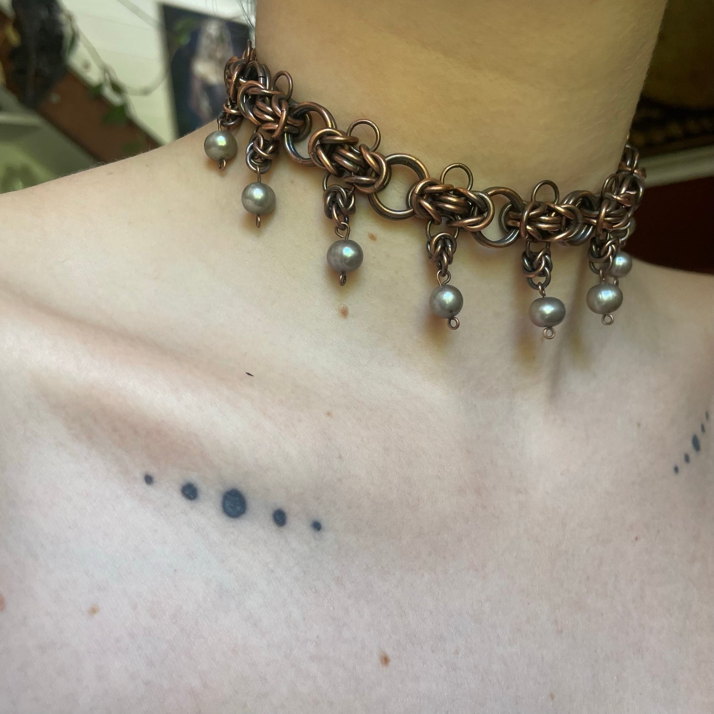 Copper Chainmail and Grey Pearl Choker