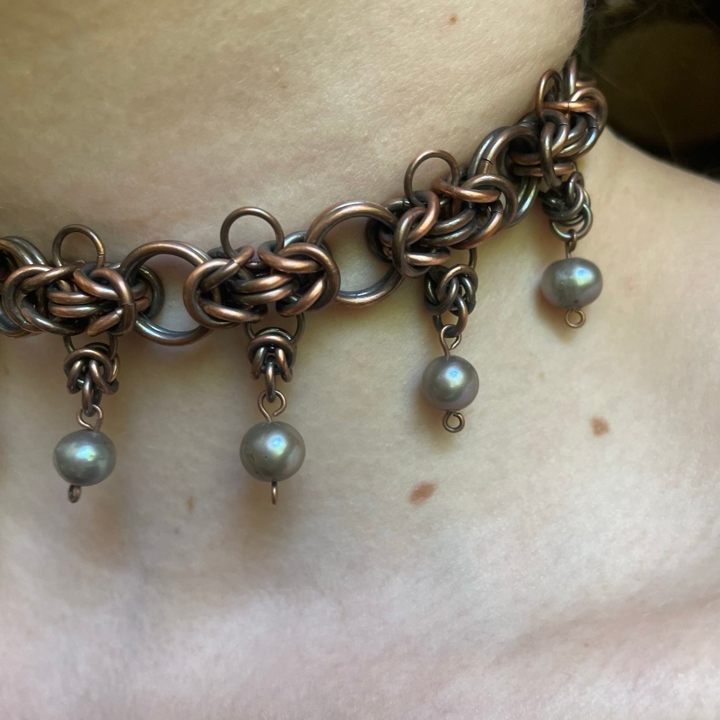 Copper Chainmail and Grey Pearl Choker