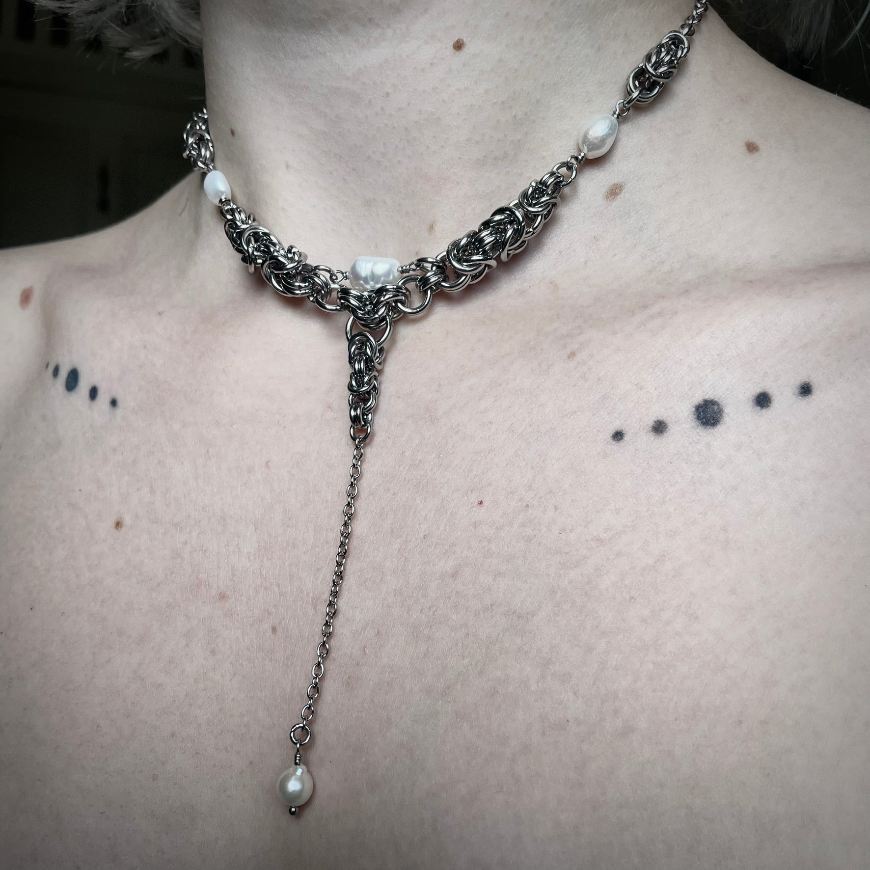 Angelic Pearl Drop. Chainmail Necklace. MADE-TO-ORDER.