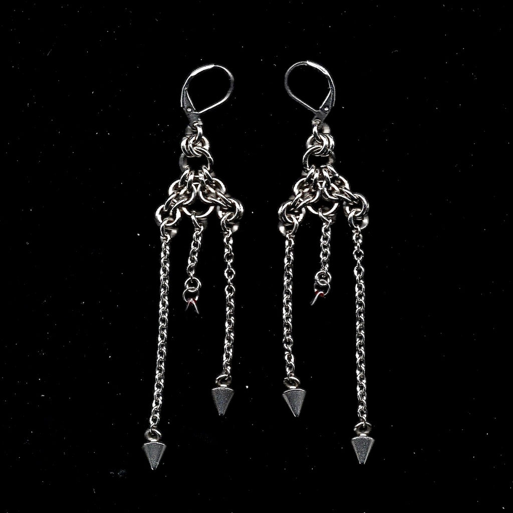 Blood Droplet and Spike Dangle Chainmail Earrings.
