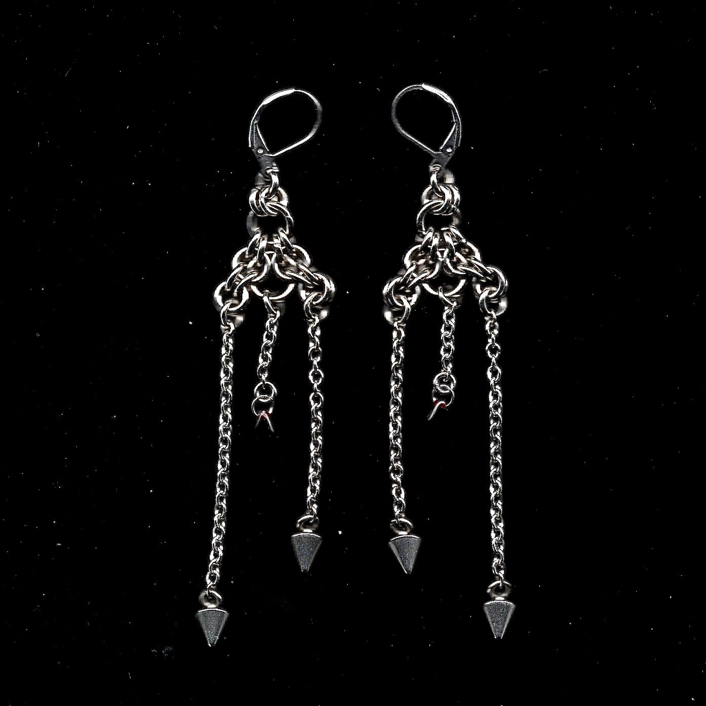 Blood Droplet and Spike Dangle Chainmail Earrings.